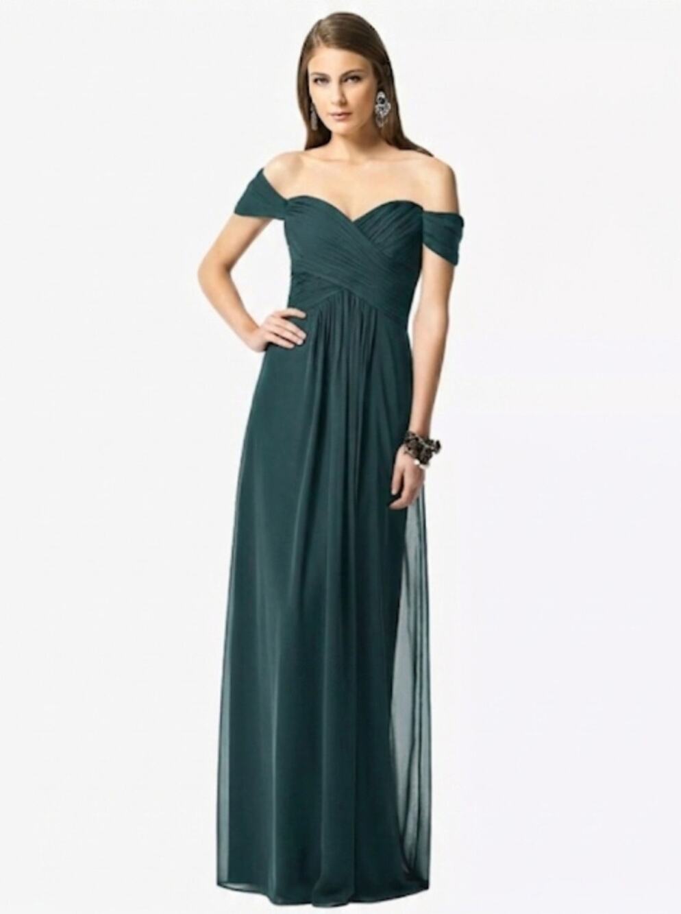 Dessy Collection Alesia Evergreen Off The Shoulder Ruched Chiffon Dress NWT 8